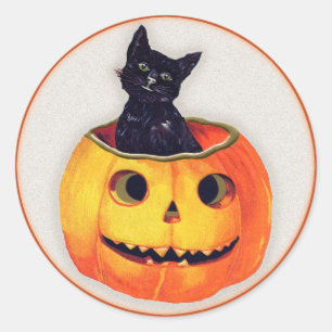 Vintage Halloween - schwarze Katze in einem Jack O Runder Aufkleber