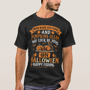 Vintage Halloween schwarze Katze Kürbis Angeln T-Shirt