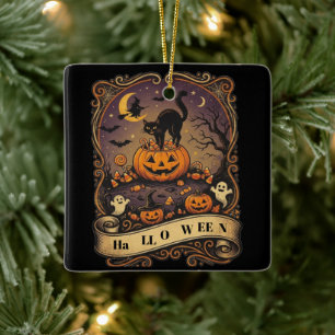 Vintage Halloween schwarze Katze Kürbis Hexe Gruse Keramikornament