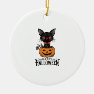 Vintage-Halloween-Schwarze-Katze-Kürbis-Shirt-Desi Keramik Ornament