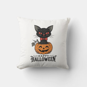 Vintage-Halloween-Schwarze-Katze-Kürbis-Shirt-Desi Kissen