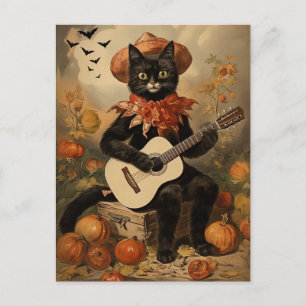 Vintage-Halloween-Schwarze Katze spielt Gitarre Feiertagspostkarte
