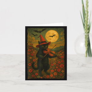 Vintage Halloween schwarze Katze spielt Violine in Karte