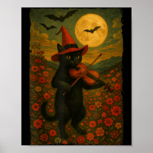 Vintage Halloween schwarze Katze spielt Violine in Poster