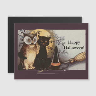 Vintage-Halloween-Schwarze Katze und Eule Hexenhut Magnetkarte