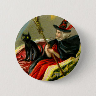 Vintage Halloween schwarze Katze und Hexe Button