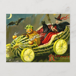 Vintage Halloween schwarze Katze und Hexe Feiertagspostkarte