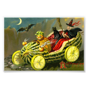 Vintage Halloween schwarze Katze und Hexe Fotodruck