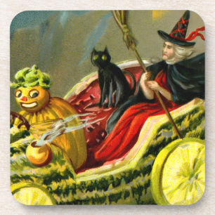 Vintage Halloween schwarze Katze und Hexe Getränkeuntersetzer