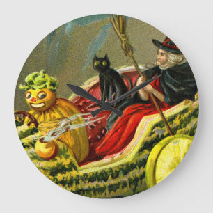 Vintage Halloween schwarze Katze und Hexe Große Wanduhr