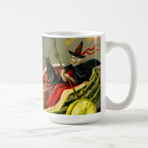 Vintage Halloween schwarze Katze und Hexe Kaffeetasse