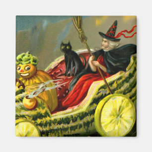 Vintage Halloween schwarze Katze und Hexe Magnet