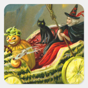 Vintage Halloween schwarze Katze und Hexe Quadratischer Aufkleber