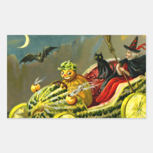 Vintage Halloween schwarze Katze und Hexe Rechteckiger Aufkleber