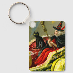 Vintage Halloween schwarze Katze und Hexe Schlüsselanhänger