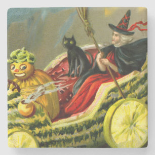 Vintage Halloween schwarze Katze und Hexe Steinuntersetzer