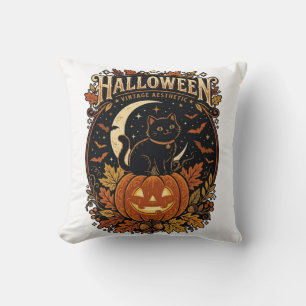 Vintage-Halloween-Schwarze-Katze- und Kürbis-Wurfk Kissen
