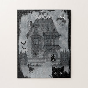 Vintage Halloween Schwarze Katzen Hexe und Flederm Puzzle