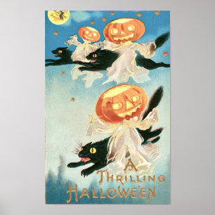 Vintage Halloween Schwarze Katzen & Kürbislaternen Poster