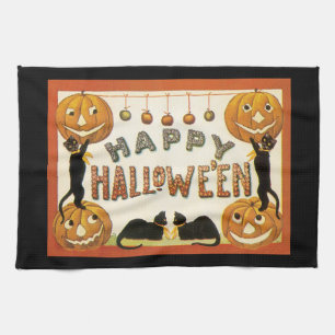 Vintage Halloween, schwarze Katzen mit Jackolanter Handtuch