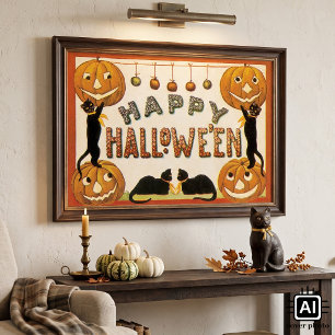 Vintage Halloween, schwarze Katzen mit Jackolanter Poster