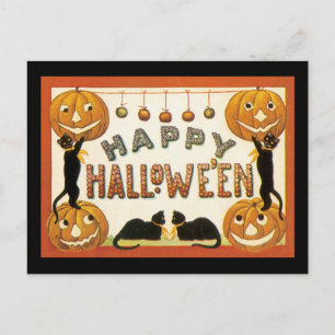 Vintage Halloween, schwarze Katzen mit Jackolanter Postkarte