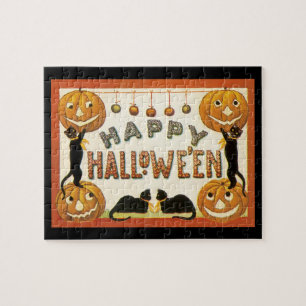 Vintage Halloween, schwarze Katzen mit Jackolanter Puzzle