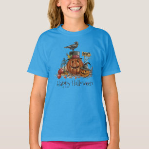 Vintage Halloween-Schwarzes-Vogel-Kürbis-Ringer-Sh T-Shirt