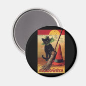 Vintage Halloween-Schwarzkatze, Hexenkammer und Hu Magnet (Vorderseite/Rückseite)