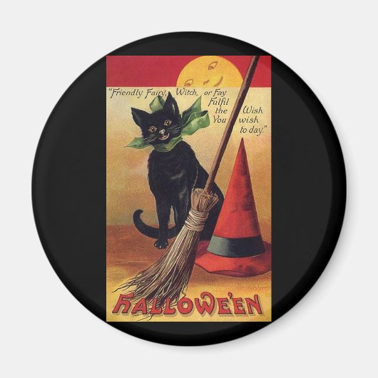 Vintage Halloween-Schwarzkatze, Hexenkammer und Hu Magnet (Vorne)
