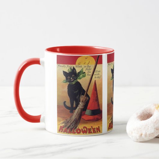 Vintage Halloween-Schwarzkatze, Hexenkammer und Hu Tasse (Mit Donut)