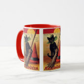 Vintage Halloween-Schwarzkatze, Hexenkammer und Hu Tasse (Vorderseite Links)