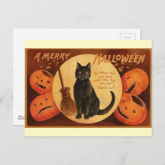Vintage Halloween-Schwarzkatze Postkarte (Vorne/Hinten)