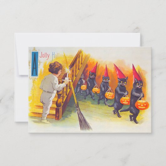 Vintage Halloween-Schwarzkatzen RSVP Karte (Vorderseite)