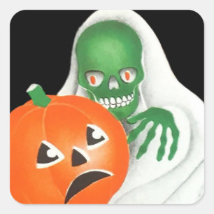 Vintage-Halloween-Skelett-Ghoul und Kürbis Quadratischer Aufkleber