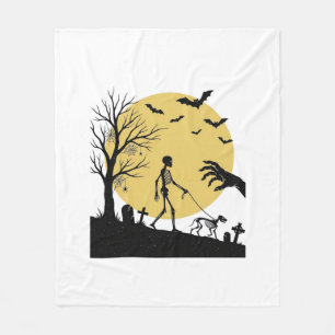 Vintage-Halloween-Skelett-Hund-Mond-Vektor-Design_ Fleecedecke
