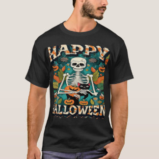 Vintage-Halloween-Skelett mit Katze und Jack-O-Lan T-Shirt