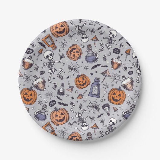 Vintage-Halloween-Skelett- und Trankmuster Pappteller (Vorderseite)