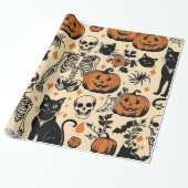 Vintage Halloween-Skelette, Black Cats & Pumpkins Geschenkpapier (Ungerollt)