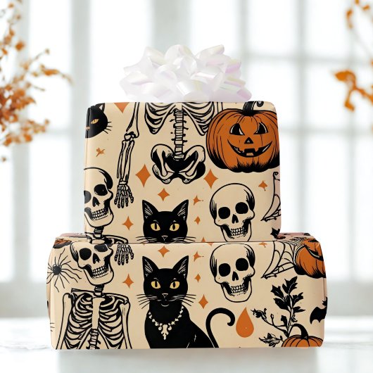 Vintage Halloween-Skelette, Black Cats & Pumpkins Geschenkpapier