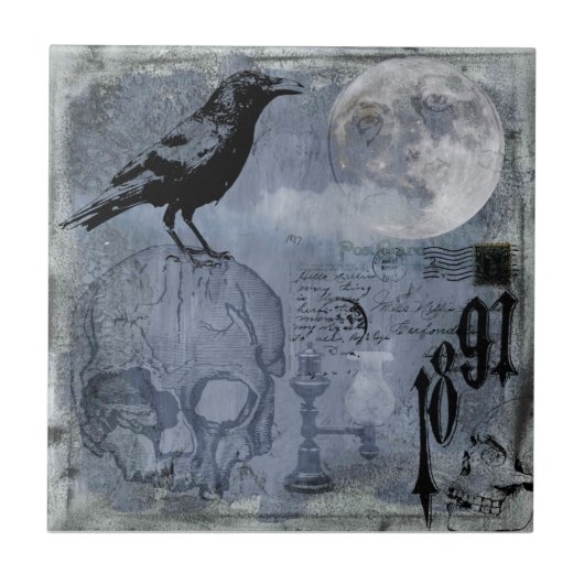 Vintage Halloween-Skull und Crow Fliese (Vorderseite)