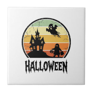 Vintage-Halloween-Spookhaus-Sonnenuntergangs-Shirt Fliese
