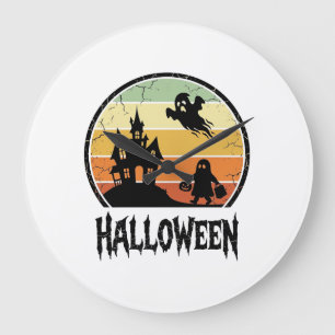 Vintage-Halloween-Spookhaus-Sonnenuntergangs-Shirt Große Wanduhr