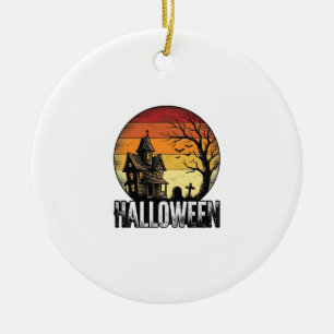 Vintage-Halloween-Spookhaus-Sonnenuntergangs-Vekto Keramik Ornament