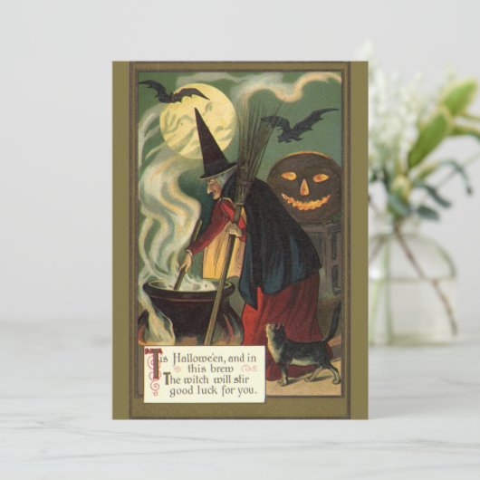 Vintage Halloween-Stirring Magic Cauldron Einladung (Stehend Vorderseite)