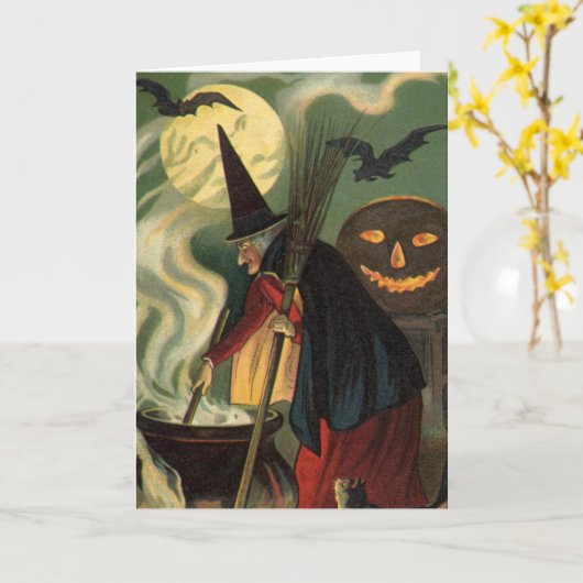 Vintage Halloween-Stirring Magic Cauldron Karte (Gelbe Blume)