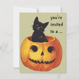 Vintage Halloween, süße schwarze Katze in einem Kü Einladung