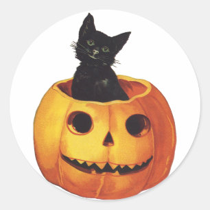 Vintage Halloween, süße schwarze Katze in einem Kü Runder Aufkleber