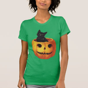 Vintage Halloween, süße schwarze Katze in einem Kü T-Shirt