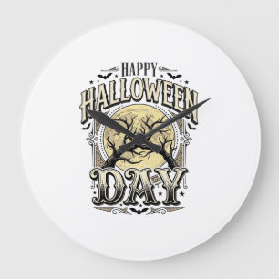 Vintage-Halloween-Tag-Mond-Baum-Ast-Shirt-Design Große Wanduhr